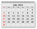 Page of the annual monthly calendar - July 2022