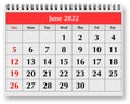 Page of the annual monthly calendar - June 2022