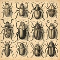 Page of an antique retro book of insect beetles identification book, black and white drawing