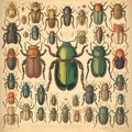 Page of an antique retro book of insect beetles identification book,