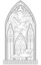 Page with black and white drawing of beautiful medieval Gothic window with stained glass and seagulls for coloring.