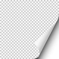 Page curl on blank transparent sheet of paper with shadow and white next page. Element for ad. Vector illustration