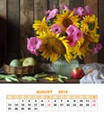 Page design calendar August 2018. Bouquet of sunflowers, pumpkin