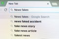 Page of internet browser with words NEWS FAKES in search bar, closeup