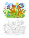 Page for kids coloring book. Illustration of two cute little deer playing in a meadow. Printable worksheet for children school Royalty Free Stock Photo