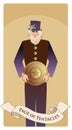 Page or knave of pentacles with top hat holding a golden shield. Royalty Free Stock Photo