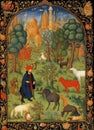 Illustration of a medieval book with an engraving of a scene of a man in a forest with animals