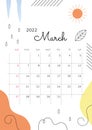 The page with the month March 2022 with abstract elements, sun and melting icicle. Vertical poster in a simple cute style with