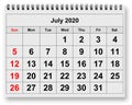 Page of monthly calendar - July 2020