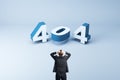 404 page not found error concept with 3d digits and panic person holds his head on light blue background Royalty Free Stock Photo
