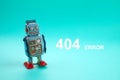 Page not found template. Robot toy repairman. 404 error warning message.
