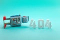 Page not found template. Robot toy repairman. 404 error warning message.