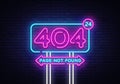 404 page not found vector banner. 404 error design template, neon sign billboard, contemporary design design. Vector Royalty Free Stock Photo