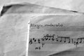 Page of an old musical notebook with hand written notes. Black and white Royalty Free Stock Photo