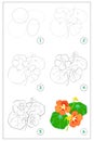 Page shows how to draw step by step beautiful flowers of nasturtium. Developing children skills for drawing and coloring.