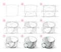 Page shows how to learn to draw from life sketch of a teacup. Pencil drawing lessons. Educational page for artists. Development of