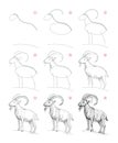 Page shows how to learn to draw from life sketch a wild mountain goat. Pencil drawing lessons. Educational page for artists.