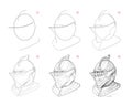 Page shows how to learn to draw sketch of ancient knight helmet. Pencil drawing lessons. Educational page for artists. Textbook Royalty Free Stock Photo