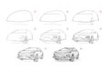 Page shows how to learn to draw sketch of cute car. Pencil drawing lessons. Educational page for artists. Textbook for developing