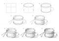 Page shows how to learn to draw sketch of drum. Creation step by step pencil drawing. Educational page for artists. Textbook for