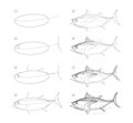 Page shows how to learn to draw sketch a game fish tuna. Pencil drawing lessons. Educational page for artists. Textbook for