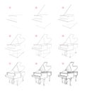 Page shows how to learn to draw sketch of grand piano. Creation step by step pencil drawing. Educational page for artists.