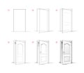 Page shows how to learn to draw sketch of half-open door. Pencil drawing lessons. Educational page for artists. Textbook for