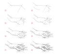 Page shows how to learn to draw sketch of humans hand playing piano. Creation step by step pencil drawing. Educational page for Royalty Free Stock Photo