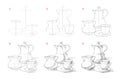 Page shows how to learn to draw sketch of old coffee set. Creation step by step pencil drawing. Educational page for artists.