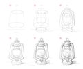 Page shows how to learn to draw sketch of old kerosene lamp. Creation step by step pencil drawing. Educational page for artists.