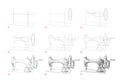 Page shows how to learn to draw sketch of old sewing machine. Pencil drawing lessons. Educational page for artists. Textbook for Royalty Free Stock Photo