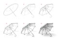 Page shows how to learn to draw sketch of open umbrella. Creation step by step pencil drawing. Educational page for artists.