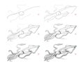 Page shows how to learn to draw sketch of squid. Creation step by step pencil drawing. Educational page for artists. Textbook for