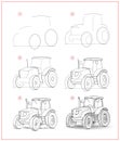 Page shows how to learn to draw sketch of tractor. Creation step by step pencil drawing. Educational page for artists. Textbook