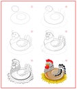 Page shows how to learn to draw step by step cute hen sitting in the nest. Developing children skills for drawing and coloring. Royalty Free Stock Photo