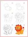 Page shows how to learn to draw step by step cute little toy lion. Developing children skills for drawing and coloring.