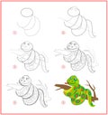 Page shows how to learn to draw step by step cute little toy snake. Developing children skills for drawing and coloring.