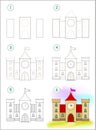 Page shows how to learn step by step to draw cute medieval castle. Developing children skills for drawing and coloring. Royalty Free Stock Photo