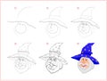 Page shows how to learn step by step to draw cute smiling wizard. Developing children skills for drawing and coloring. Printable