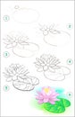Page shows how to learn step by step to draw a water lily flower. Developing children skills for drawing and coloring. Royalty Free Stock Photo