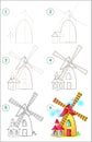 Page shows how to learn step by step to draw a windmill. Developing children skills for drawing and coloring. Royalty Free Stock Photo