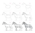 Page shows how to learn to draw from life sketch a horse. Pencil drawing lessons. Educational page for artists. Textbook for Royalty Free Stock Photo