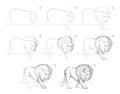 Page shows how to learn to draw from life sketch a standing lion. Pencil drawing lessons. Educational page for artists. Textbook