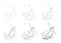 Page shows how to learn to draw sketch of old sea anchor. Creation step by step pencil drawing. Educational page for artists. Royalty Free Stock Photo