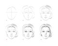 Page shows how to learn to draw sketch of woman face. Creation step by step pencil drawing. Educational page for artists. Textbook Royalty Free Stock Photo