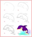 Page shows how to learn to draw step by step cute killer whale. Developing children skills for drawing and coloring. Printable