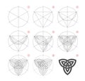 Page shows how to learn to draw step by step a sketch of ancient Celtic symbol triquetra. Triangular geometric figure of three Royalty Free Stock Photo