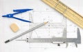 Page with technical drawing and engineering tools Royalty Free Stock Photo
