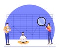 Page template with man and woman with magnifying glass analyzing diagrams and graphs. Concept of statistical or financial data