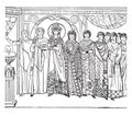 Pageant of the empress Theodora, executed in mosaic in the sixth century, in the church St. Vitale in Ravenna, vintage engraving